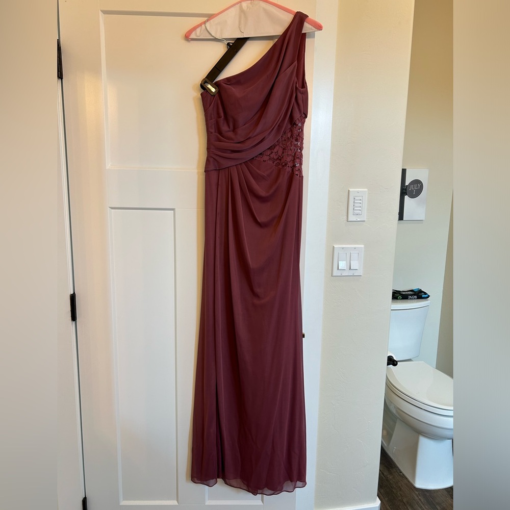 David’s Bridal chianti colored dress, one shoulder with lace, mesh fabric